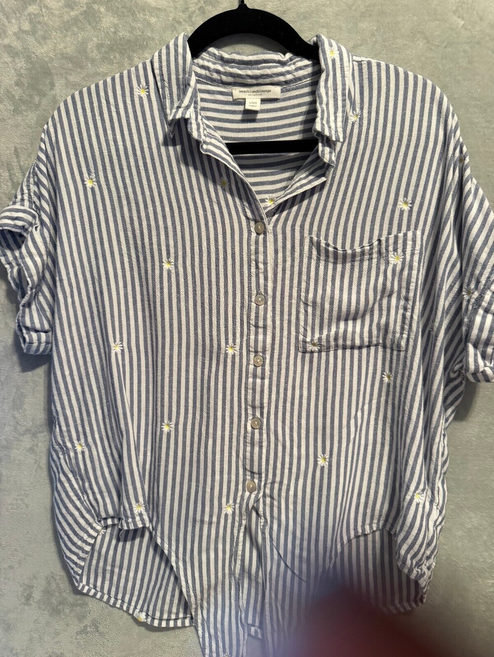 beachlunchlounge Collection Blue and White Striped Button-Up Blouse Tie Front - Picture 3 of 6